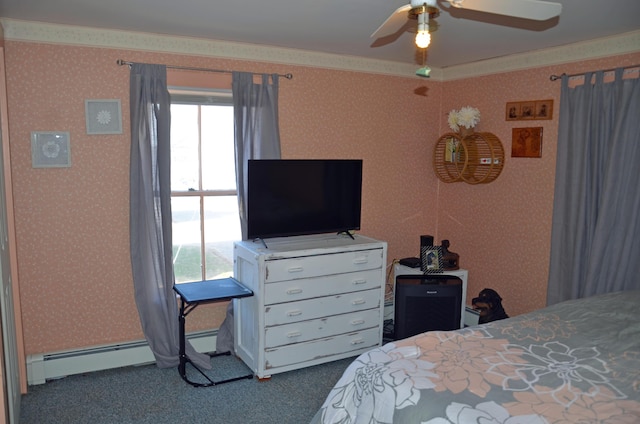 13 Hazen St, Norway, ME 04268 - bedroom with wallpapered walls, carpet, baseboard heating, ceiling fan, and crown molding