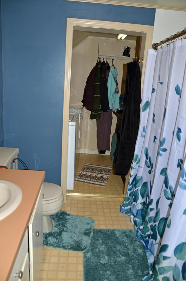 13 Hazen St, Norway, ME 04268 - bathroom featuring tile patterned floors, toilet, vanity, and a shower with shower curtain
