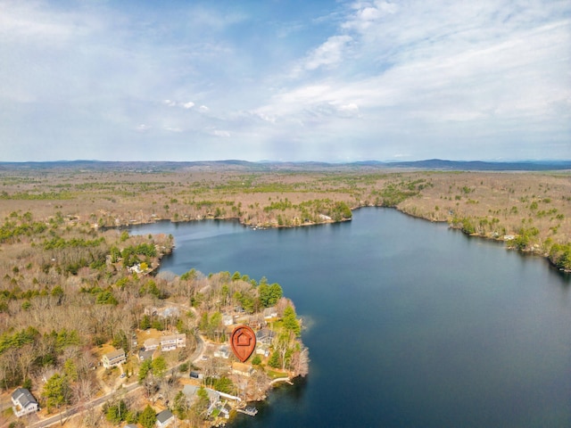 bird's eye view with a water view and a wooded view