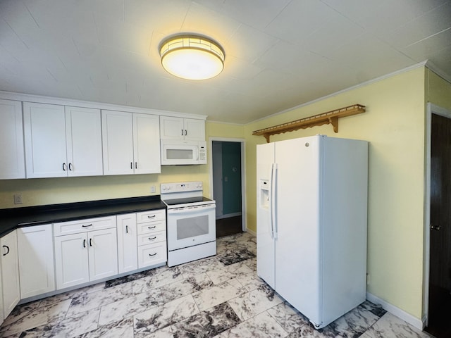 10 Laurette Cir, Caribou, ME 04736 - kitchen with white appliances, white cabinetry, dark countertops, crown molding, and baseboards