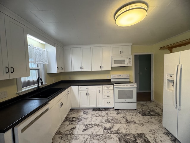 10 Laurette Cir, Caribou, ME 04736 - kitchen with white appliances, a sink, dark countertops, and white cabinetry