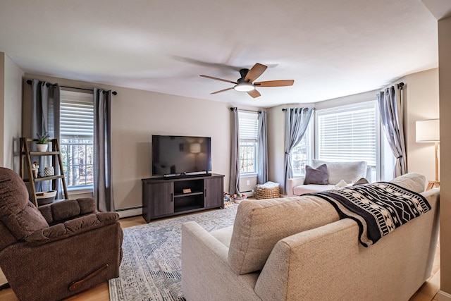 11 Sunny Brook Cir, Waterboro, ME 04061 - living area featuring light wood-style floors, a ceiling fan, and a baseboard heating unit