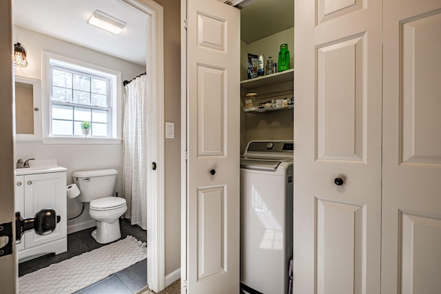 11 Sunny Brook Cir, Waterboro, ME 04061 - bathroom with washer / clothes dryer, toilet, tile patterned flooring, and vanity