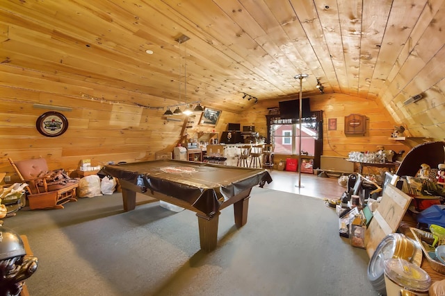 550 Ohio St, Bangor, ME 04401 - rec room with pool table, wood walls, wooden ceiling, and lofted ceiling