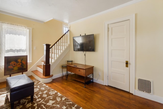 550 Ohio St, Bangor, ME 04401 - living area with crown molding, a wealth of natural light, wood finished floors, and visible vents