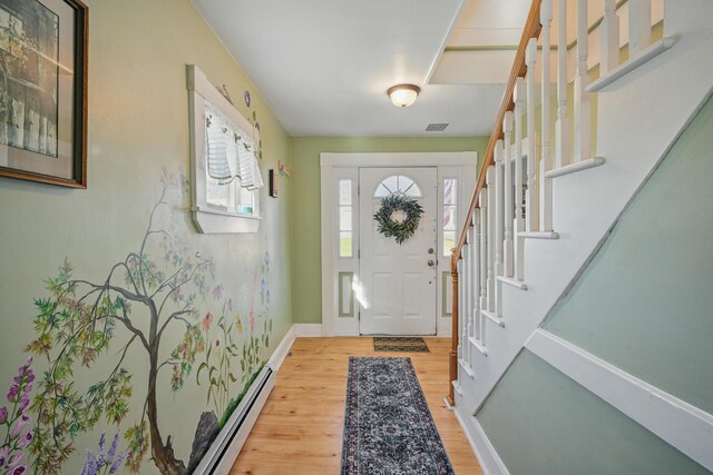 30 Pine St, Thomaston, ME 04861 - interior space featuring light wood-style flooring, a baseboard radiator, stairway, visible vents, and baseboards