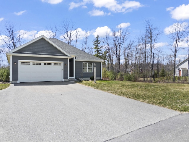 single story home featuring a shingled roof, a front lawn, aphalt driveway, and a garage