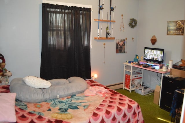 bedroom featuring baseboard heating, carpet floors, and baseboards