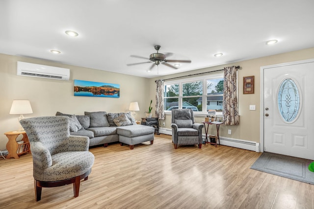 102 New Hampshire St, Millinocket, ME 04462 - living room featuring an AC wall unit, ceiling fan, wood finished floors, recessed lighting, and a baseboard heating unit