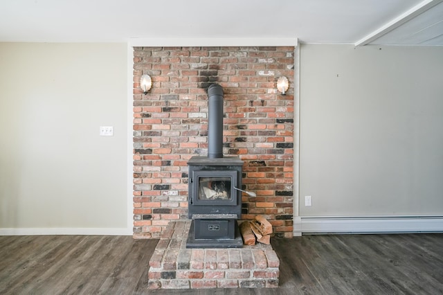 93 Pond Rd, Albion, ME 04910 - interior details with baseboards, a wood stove, wood finished floors, and a baseboard heating unit