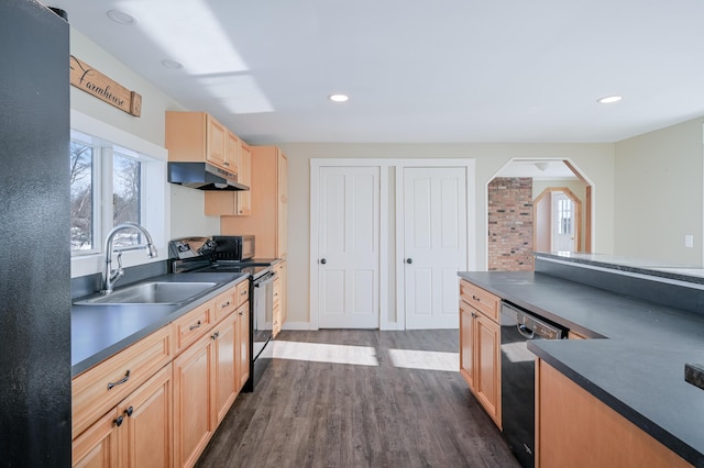 93 Pond Rd, Albion, ME 04910 - kitchen featuring under cabinet range hood, black appliances, dark countertops, dark wood-style flooring, and a sink