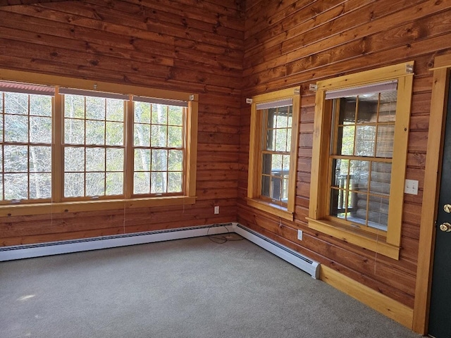 unfurnished room featuring wooden walls, carpet floors, and plenty of natural light