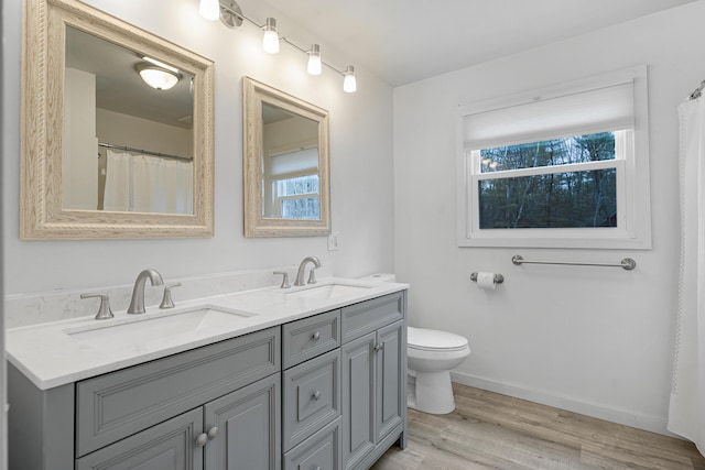 155 Saco Rd, Hollis, ME 04042 - bathroom featuring double vanity, wood finished floors, baseboards, and toilet