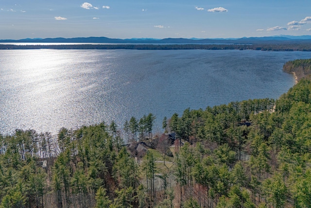 bird's eye view with a water and mountain view