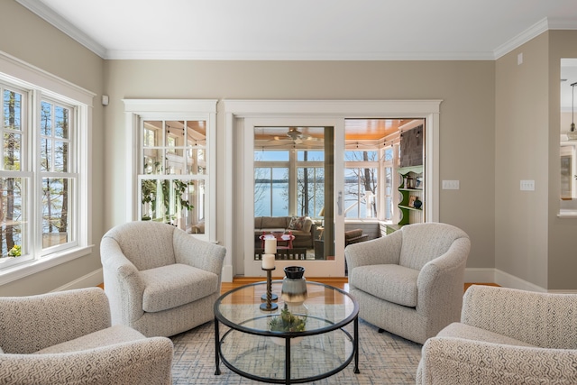 living area featuring baseboards, ornamental molding, and a healthy amount of sunlight