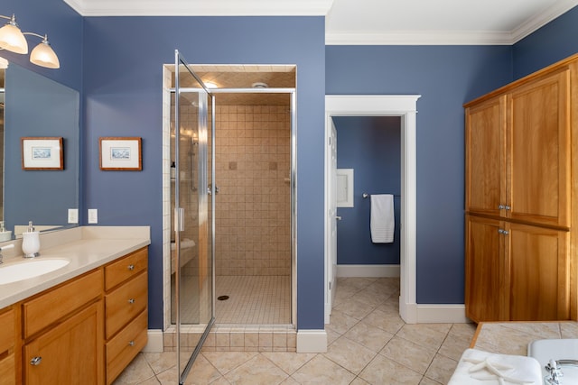 full bathroom featuring ornamental molding, a stall shower, and baseboards