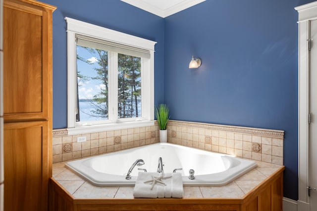 bathroom featuring crown molding and a bath