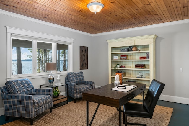 office space featuring ornamental molding and baseboards