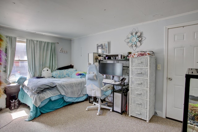 bedroom featuring crown molding and carpet