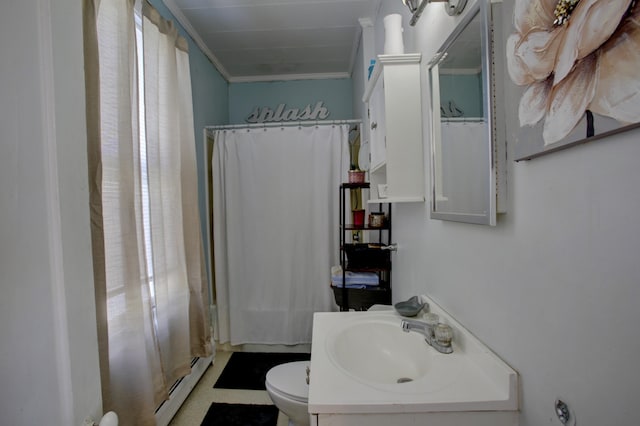 bathroom featuring crown molding, vanity, toilet, a shower with shower curtain, and a baseboard radiator