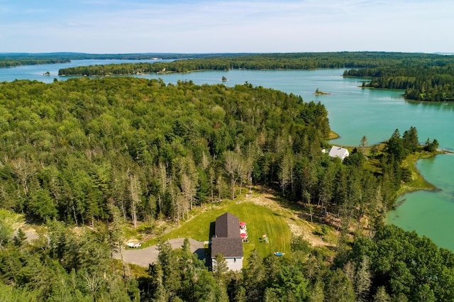 bird's eye view with a water view and a forest view
