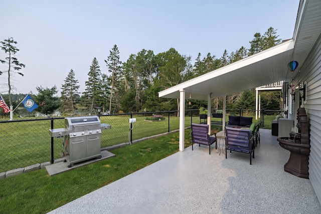 view of patio / terrace featuring outdoor lounge area, fence, and grilling area