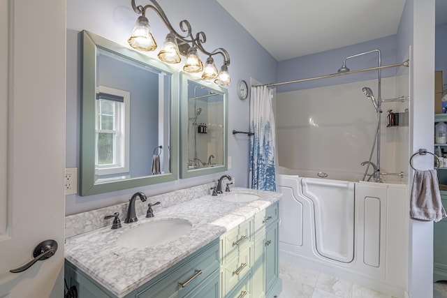 full bath with curtained shower, a bathtub, double vanity, and a sink