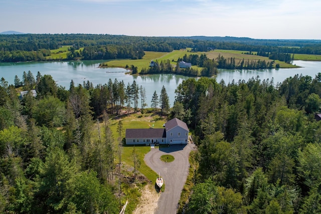 birds eye view of property with a water view and a view of trees