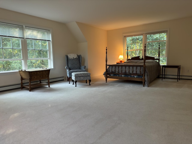 carpeted bedroom with multiple windows and a baseboard radiator