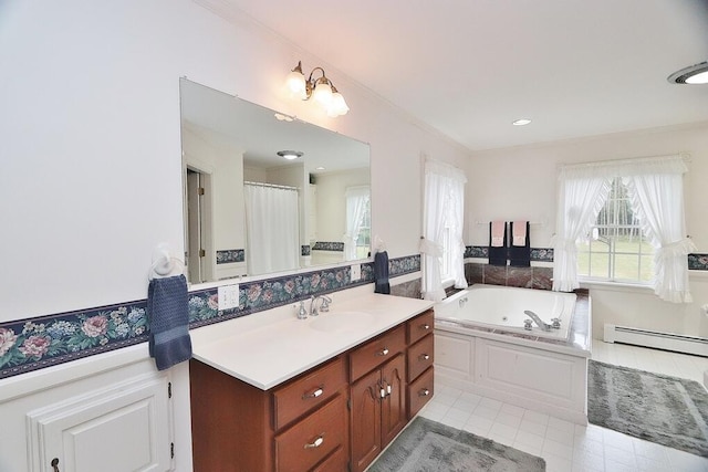 2101 Ohio St, Bangor, ME 04401 - bathroom with a baseboard radiator, vanity, plenty of natural light, and a jetted tub