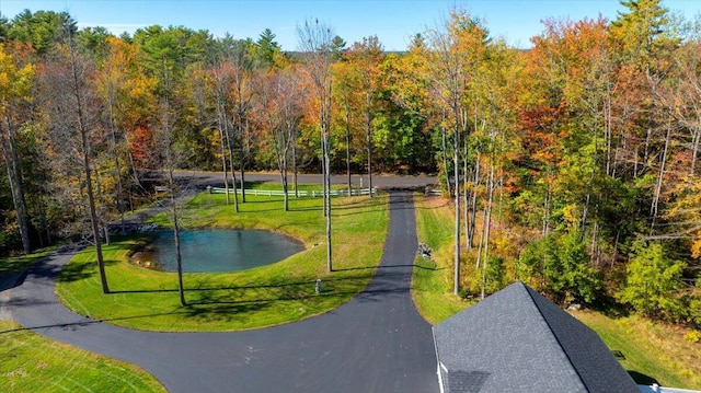 view of property's community featuring a yard and a forest view