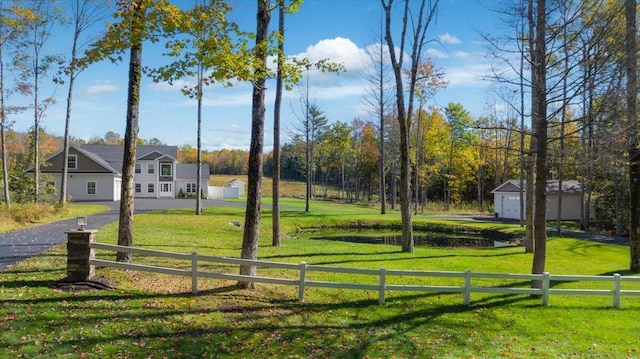 view of home's community featuring fence and a lawn
