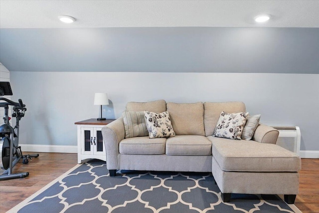 living room featuring baseboards, wood finished floors, and lofted ceiling