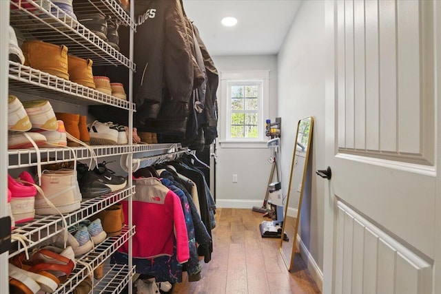 walk in closet with hardwood / wood-style flooring