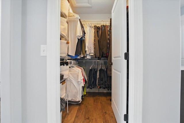 walk in closet with wood finished floors