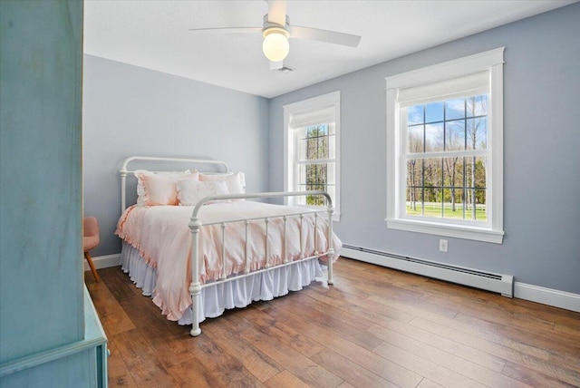 bedroom with visible vents, wood finished floors, baseboards, ceiling fan, and a baseboard radiator