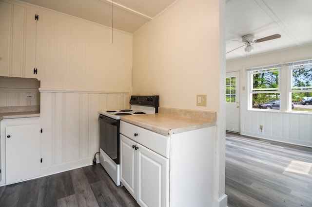 518 Ossipee Trl E, Gorham, ME 04038 - kitchen featuring electric range, dark wood finished floors, a ceiling fan, light countertops, and white cabinets