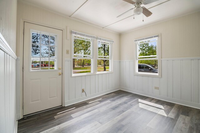 518 Ossipee Trl E, Gorham, ME 04038 - doorway to outside with wood finished floors, crown molding, ceiling fan, and wainscoting