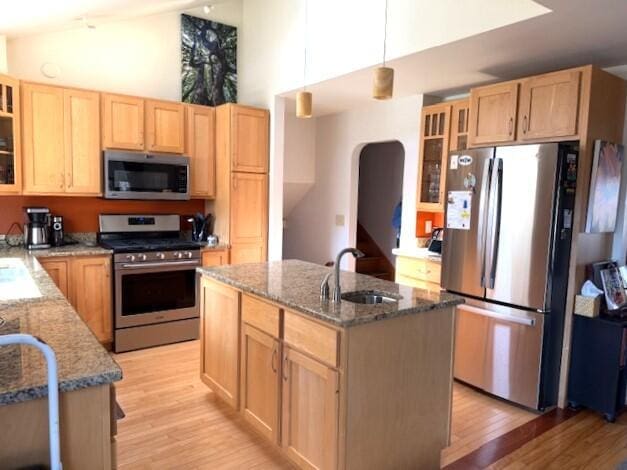 kitchen with a sink, appliances with stainless steel finishes, light brown cabinetry, and light wood finished floors