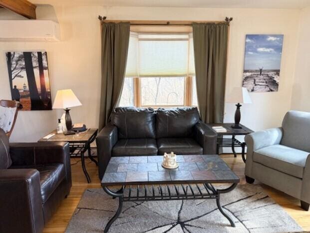 living room with a baseboard radiator, a wall unit AC, and light wood-type flooring