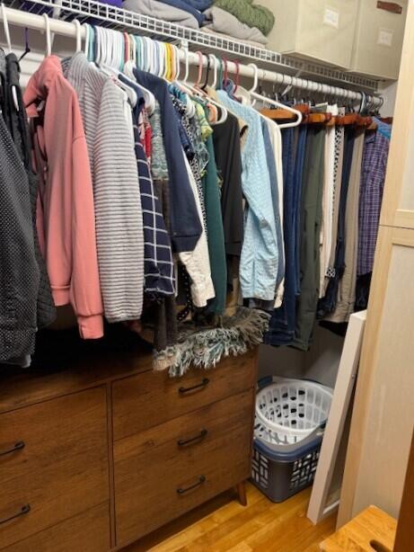 walk in closet with light wood finished floors