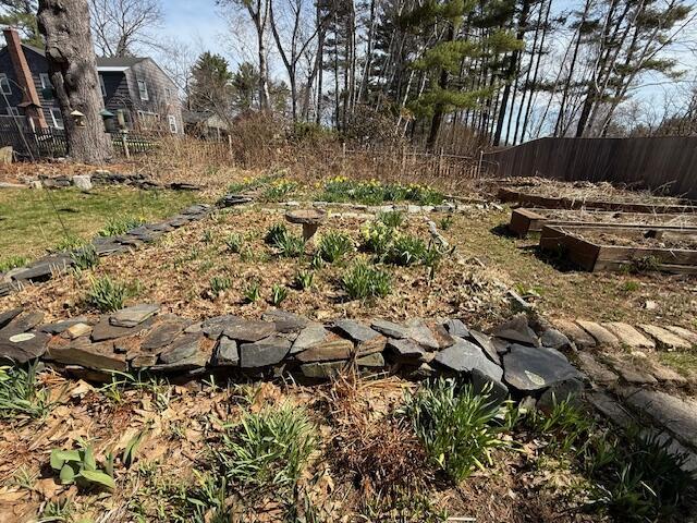 view of yard featuring fence and a garden