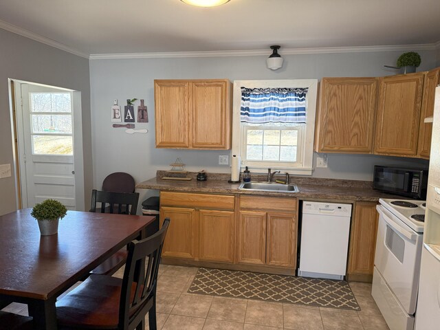 47 New Jersey St, Millinocket, ME 04462 - kitchen with a sink, light tile patterned floors, crown molding, white appliances, and dark countertops