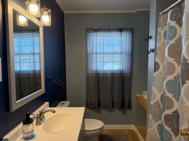 47 New Jersey St, Millinocket, ME 04462 - full bath featuring a shower with curtain, toilet, ornamental molding, wood finished floors, and vanity