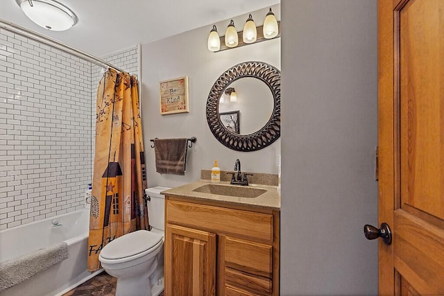 full bath with vanity, shower / bath combo with shower curtain, and toilet