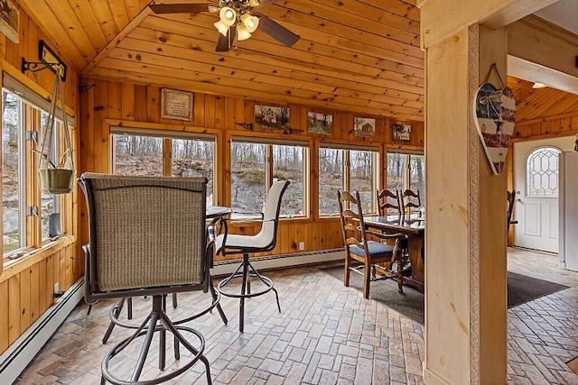 sunroom / solarium with wooden walls, wood ceiling, baseboard heating, and lofted ceiling