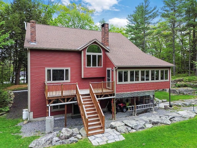 140 Old Belgrade Rd, Augusta, ME 04330 - rear view of property with a chimney, a wooden deck, stairway, and roof with shingles