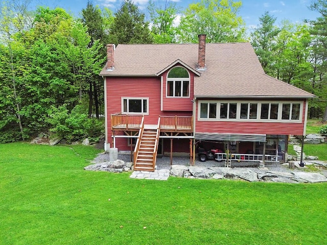140 Old Belgrade Rd, Augusta, ME 04330 - back of house featuring a chimney, a wooden deck, stairway, and a lawn