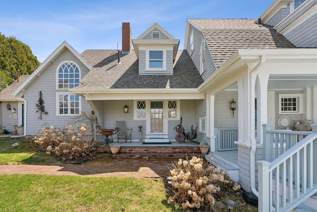 168 Ocean Ave, Kennebunkport, ME 04046 - exterior space with a shingled roof, a chimney, and a porch