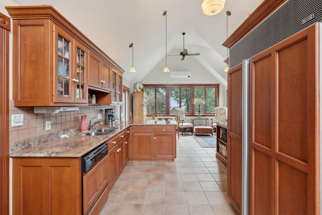 168 Ocean Ave, Kennebunkport, ME 04046 - kitchen featuring ceiling fan, a sink, brown cabinetry, decorative backsplash, and paneled appliances